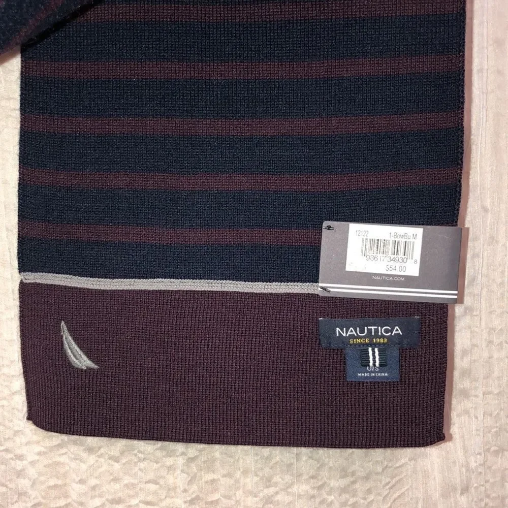 Nautica Burgundy Navy Wool Blend Striped Knit Scarf